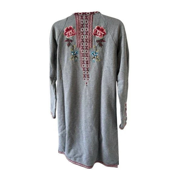 DRIFTWOOD Embroidered Floral Sweatshirt Dress Gray 100%Cotton Size Large DRIFTWOOD Embroidered Floral Sweatshirt Dress Gray 100%Cotton Size Large